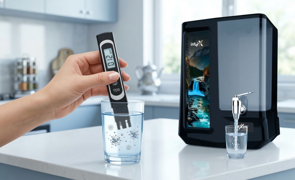 Digital TDS meter testing drinking water quality in a glass