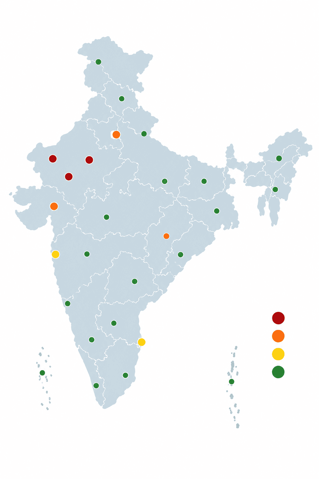 India map showing city-wise TDS levels with colour coding — dark red for extreme TDS cities like Jaipur and Ahmedabad, orange for high TDS Delhi and Surat, yellow for moderate TDS Mumbai and Chennai