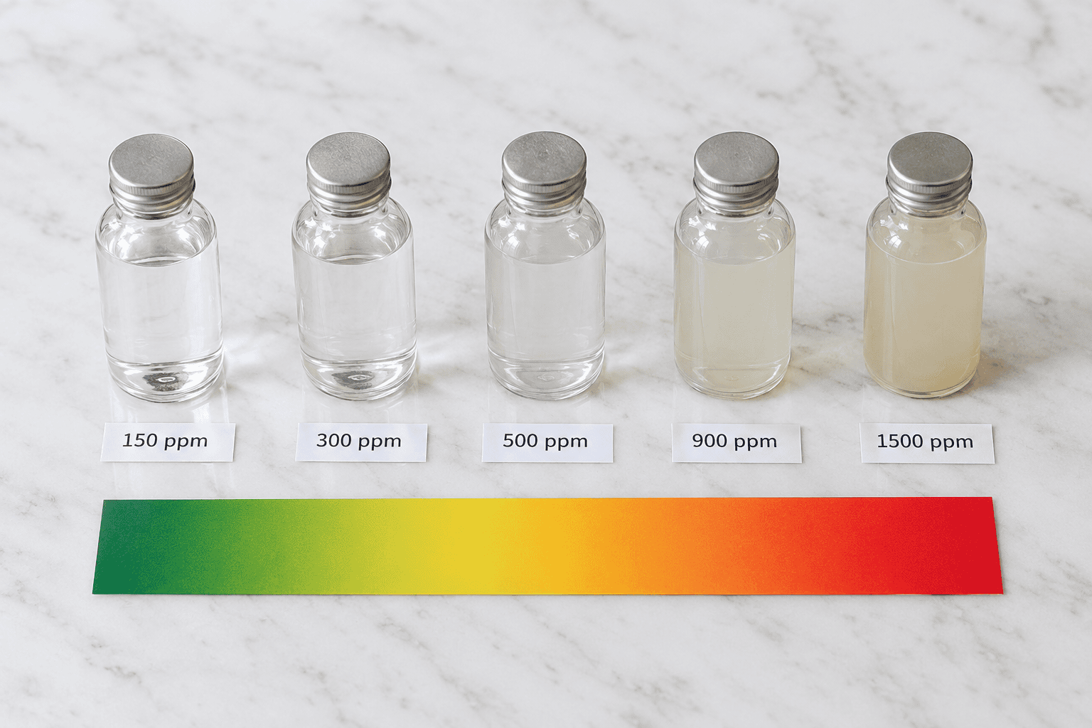 TDS level chart showing water samples from 150 to 1500 ppm with colour coding from safe green to dangerous red for Indian drinking water