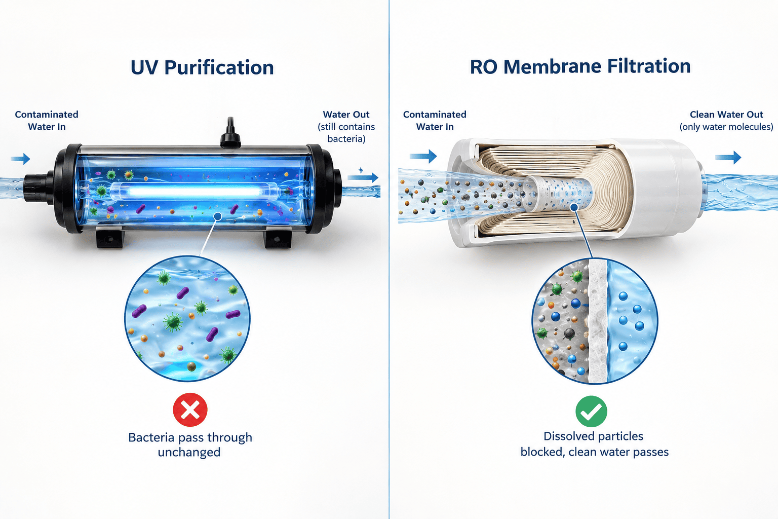 Comparison diagram showing UV purifier cannot reduce TDS while RO membrane reduces TDS from 800 to 180 mg/L in high TDS borewell water